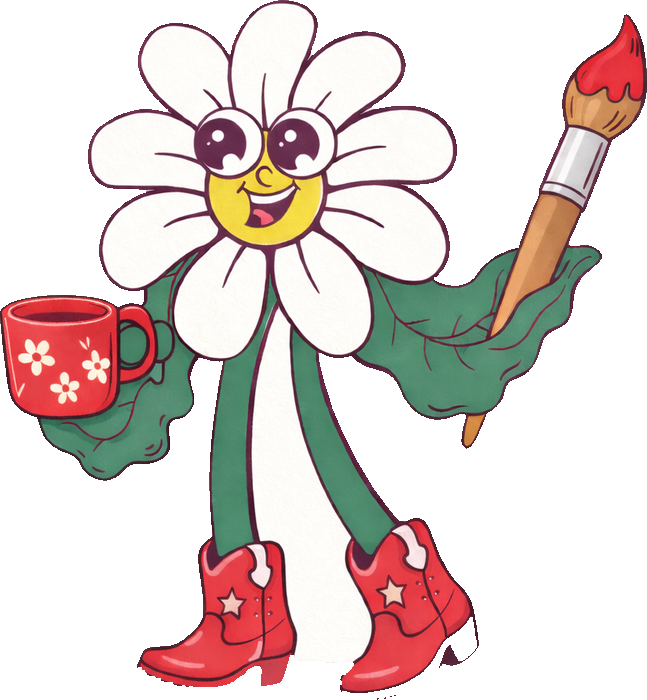 La mascotte de Chez Fleurette : une marguerite souriante qui tient une tasse et un pinceau